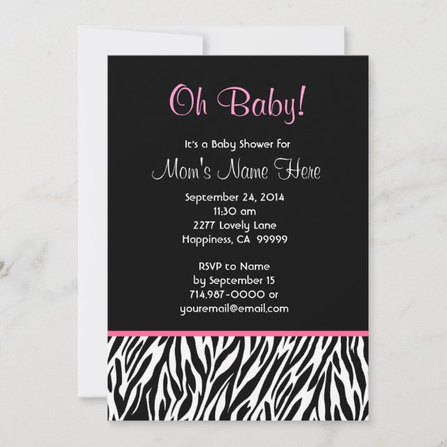 Black White Pink Zebra Print Baby Shower V03 Invitation (Front)
