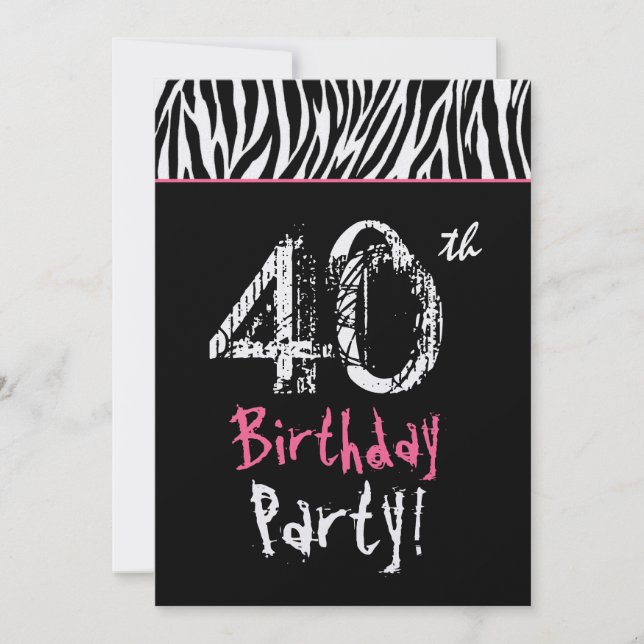 Black White Pink Zebra Stripes - 40th Birthday Invitation (Front)