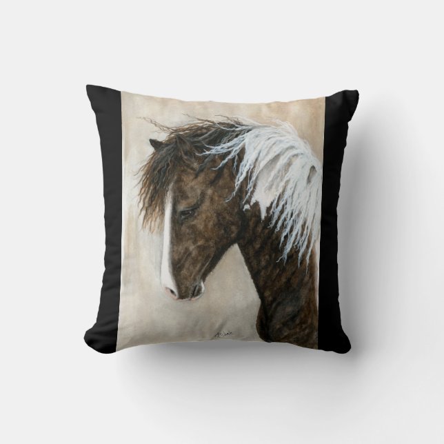 Black White Pinto Horse by BiHrle Pillow (Front)