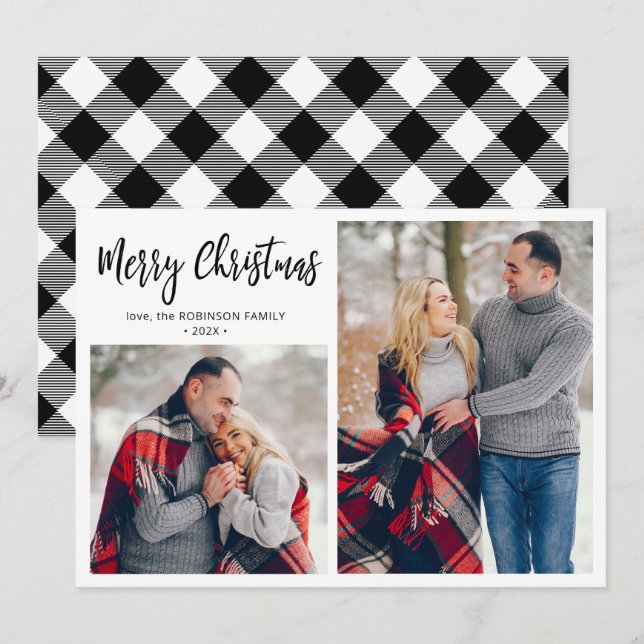 Black White Plaid 2 Photo Collage Christmas  Holiday Card (Front/Back)