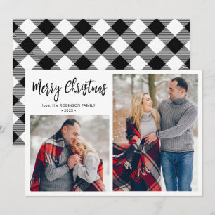 Black White Plaid 2 Photo Collage Christmas  Holiday Card