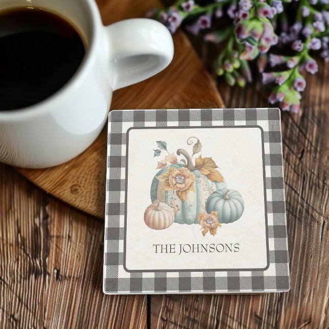 Black White Plaid Blue Green Pumpkin Stone Coaster (Creator Uploaded)