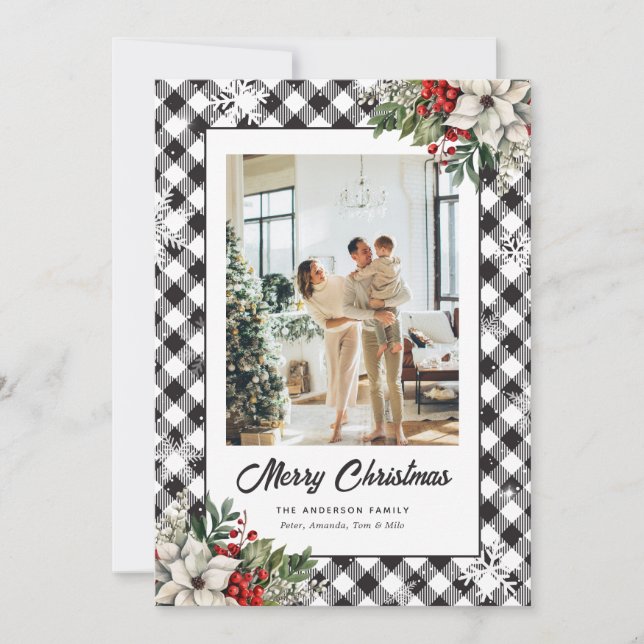 Black White Plaid Botanical Photo Christmas Card (Front)