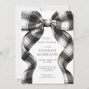 Black White Plaid Bow Baby Shower Invitation