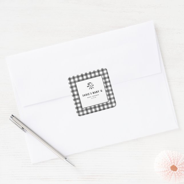 Black White Plaid Gingham Baby Q Baby Shower  Square Sticker (Envelope)