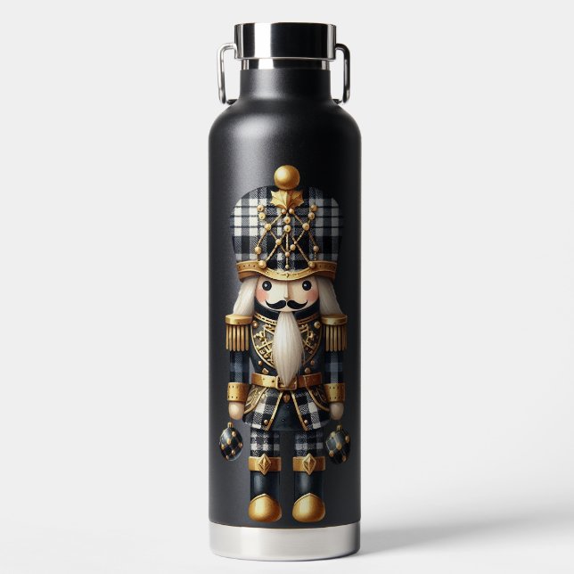BLACK & WHITE PLAID & GOLD NUTCRACKER DOLL WATER BOTTLE (Front)