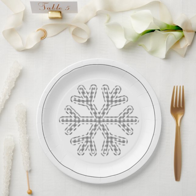 Black White Plaid Holiday Snowflake Christmas Paper Plate (Wedding)