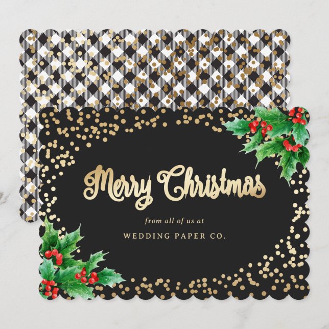 Black White Plaid Holly Business Christmas Cards (Front/Back)