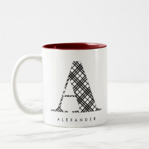 Black & White Plaid Letter A Two-Tone Coffee Mug