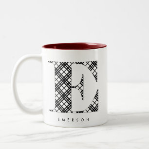 Black & White Plaid Letter E Two-Tone Coffee Mug