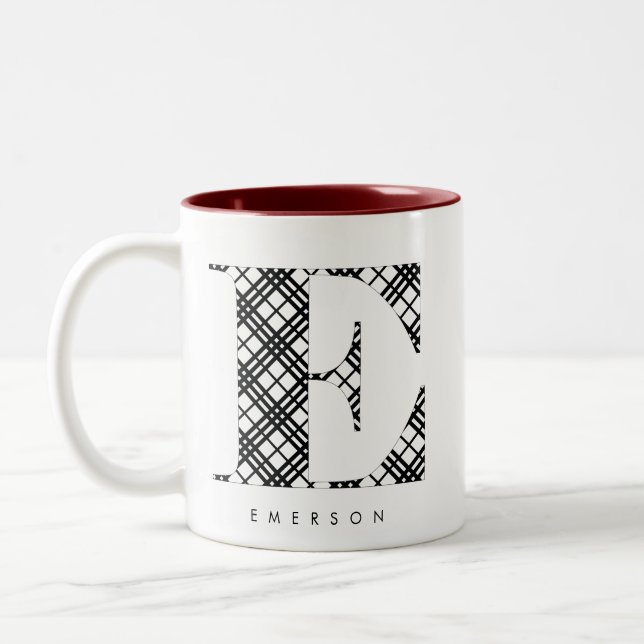 Black & White Plaid Letter E Two-Tone Coffee Mug (Left)