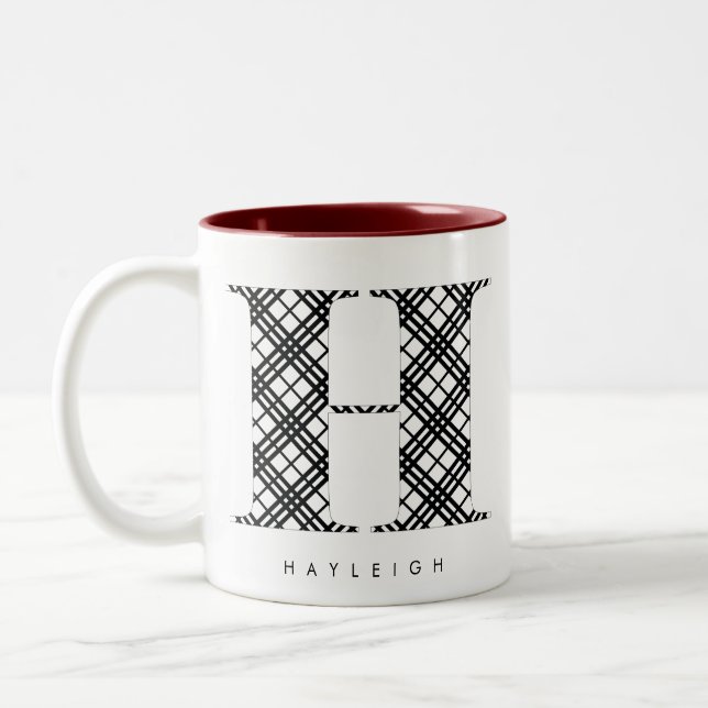 Black & White Plaid Letter H Two-Tone Coffee Mug (Left)