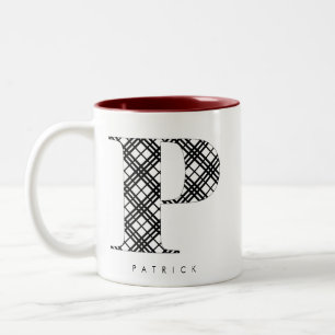 Black & White Plaid Letter P Two-Tone Coffee Mug