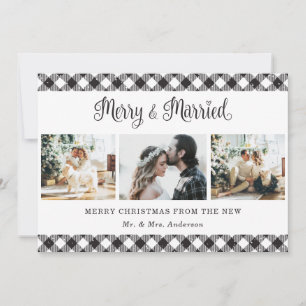 Black White Plaid Merry and Married Christmas Card