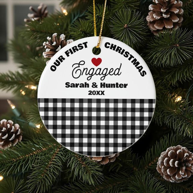 Black & White Plaid Our First Christmas Engaged Ceramic Tree Decoration (Creator Uploaded)