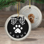 Black White Plaid Paw Print Pet Photo Wood Slice Ceramic Tree Decoration<br><div class="desc">Add a rustic charm to your Christmas tree with our pet ornament featuring a rustic faux birch wood slice background decorated with a buffalo black and white bow and white paw print. Customize with your pet's name and year. The reverse side features a place to add your pet's photo. Designed...</div>