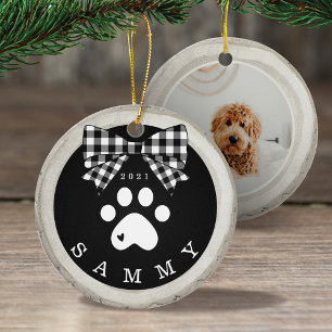 Black White Plaid Paw Print Pet Photo Wood Slice Ceramic Tree Decoration