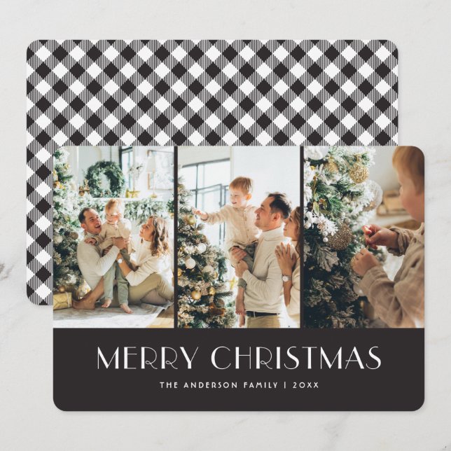 Black & White Plaid Photo Collage Christmas Cards (Front/Back)