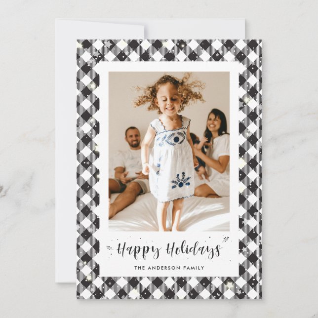 Black White Plaid Photo Happy Holidays Card (Front)