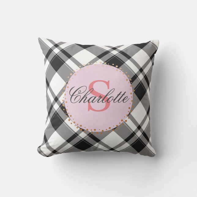 Black & White Plaid Pink Personalise Monogram Name Cushion (Front)