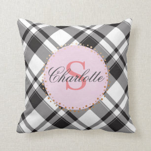 Black & White Plaid Pink Personalise Monogram Name Cushion