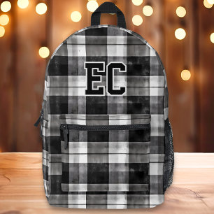Black & White Plaid Preppy Custom Monogram Printed Backpack