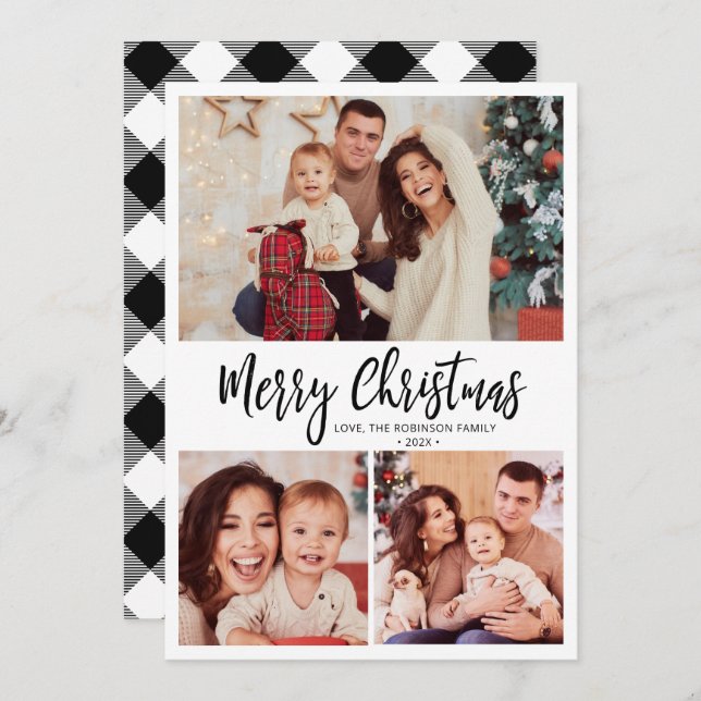 Black White Plaid Script 3 Multi Photo Christmas  Holiday Card (Front/Back)