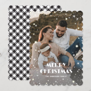 Black White Plaid Snow Stars Photo Merry Christmas Holiday Card