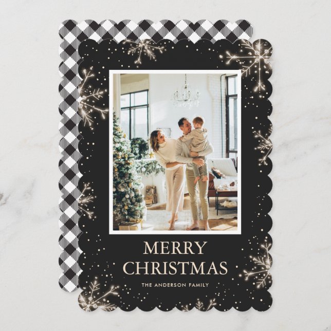 Black White Plaid Snowflake Photo Merry Christmas Holiday Card (Front/Back)