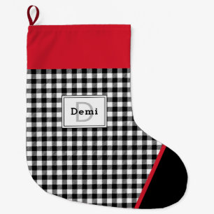 Black & White Plaid Toe Trim Monogram Large Christmas Stocking