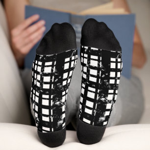 Black & White Plaid with Paint Splatter Crew Socks