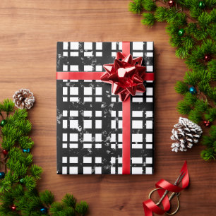 Black & White Plaid with Paint Splatter Wrapping Paper