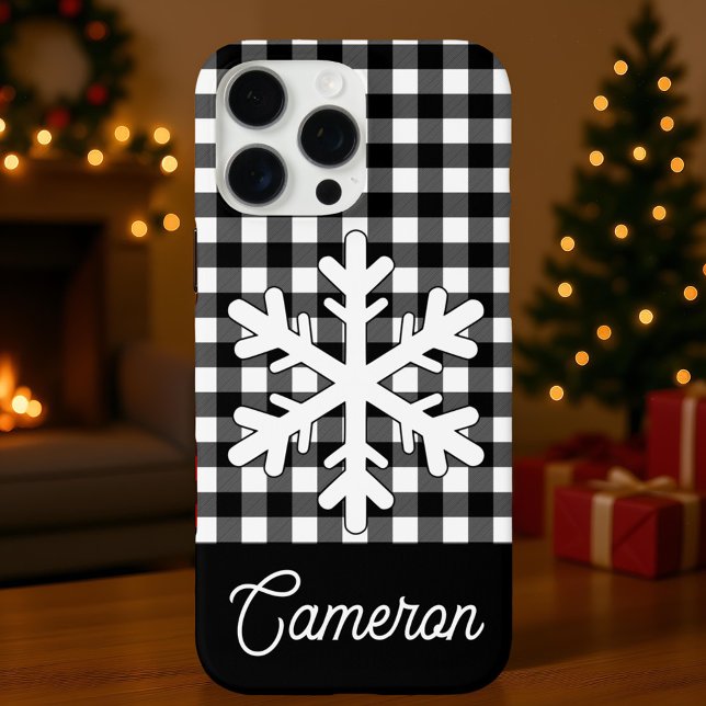 Black & White Plaid with Snowflake Custom Name Case-Mate iPhone Case (Creator Uploaded)