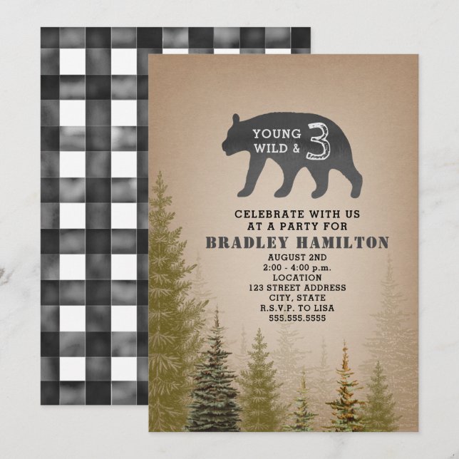 Black + White Plaid Young Wild & 3 Bear Birthday Invitation (Front/Back)