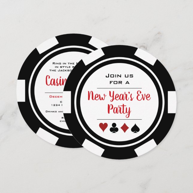 Black White Poker Chip Casino Night New Year's Eve Invitation (Front/Back)