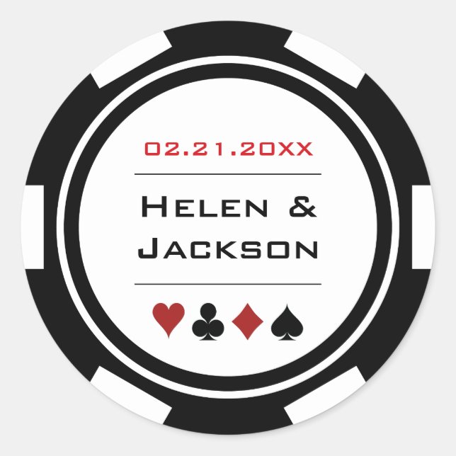 Black White Poker Chip Casino Wedding Classic Round Sticker (Front)