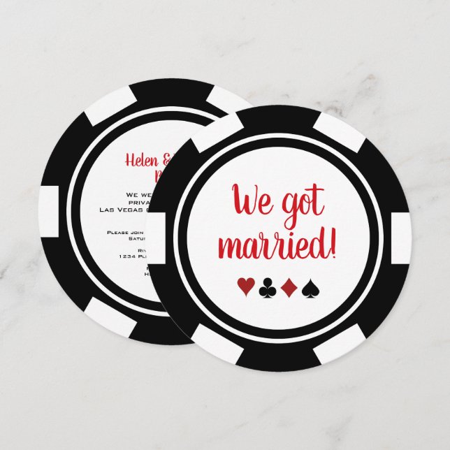 Black White Poker Chip Wedding Elopement Announce Invitation (Front/Back)