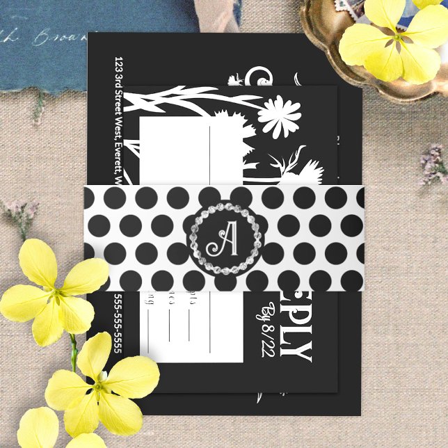 Black White Polka Dot Bat Mitzvah Enclosure Cards Invitation Belly Band (black and white polka dot belly bands with monogram for black bat mitzvah invitations)