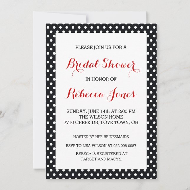 Black White Polka Dot Bridal Shower Invitations (Front)