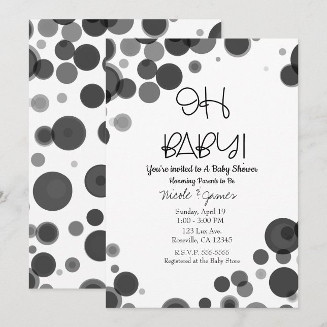 Black White Polka Dot Bubbles OH BABY Shower Invitation (Front/Back)