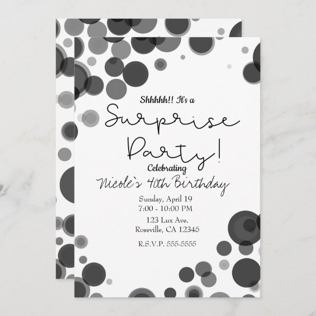 Black White Polka Dot Bubbles Surprise Party Invitation (Front/Back)