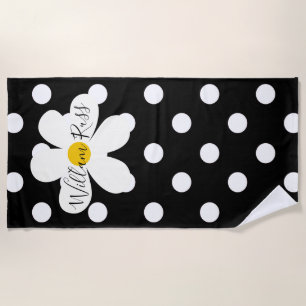 Black White Polka Dot Daisy Custom Beach Towel