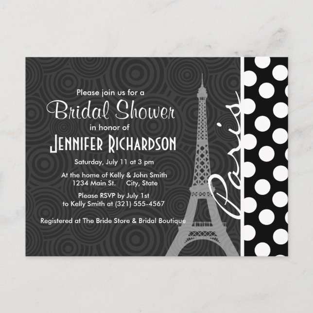 Black & White Polka Dot, Dots; Paris Invitation Postcard (Front)
