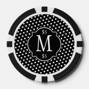 Black & White Polka Dot Pattern Monogram Poker Chips