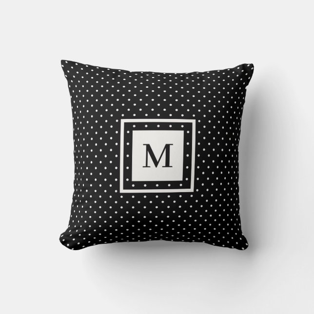Black White Polka Dot Pattern with Modern Monogram Cushion (Front)