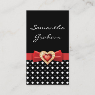 Black white polka dot pattern with red bow & jewel business card