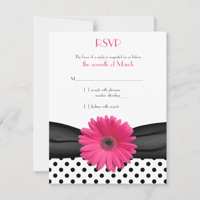 Black White Polka Dot Pink Daisy Wedding RSVP (Front)