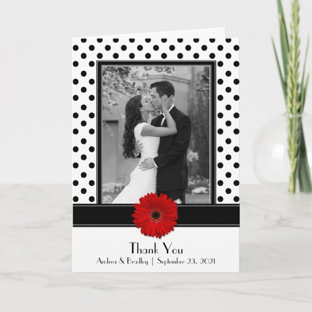 Black White Polka Dot Red Daisy Wedding Thank You Card (Front)