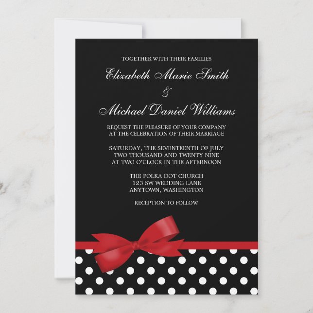 Black White Polka Dot Red Faux Bow Wedding Invitation (Front)