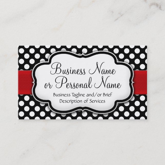 Black/White Polka Dot Red Ribbon Front/Back Business Card (Front)